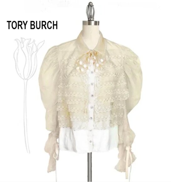 Tory Burch Tops - TORY BURCH Cream Victorian Style Ruffle Silk Long Sleeve Blouse